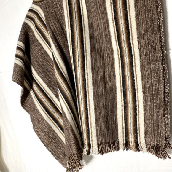 Unisex Brown Tan Striped Woven Alpaca Wool Poncho - Picture 4 of 11